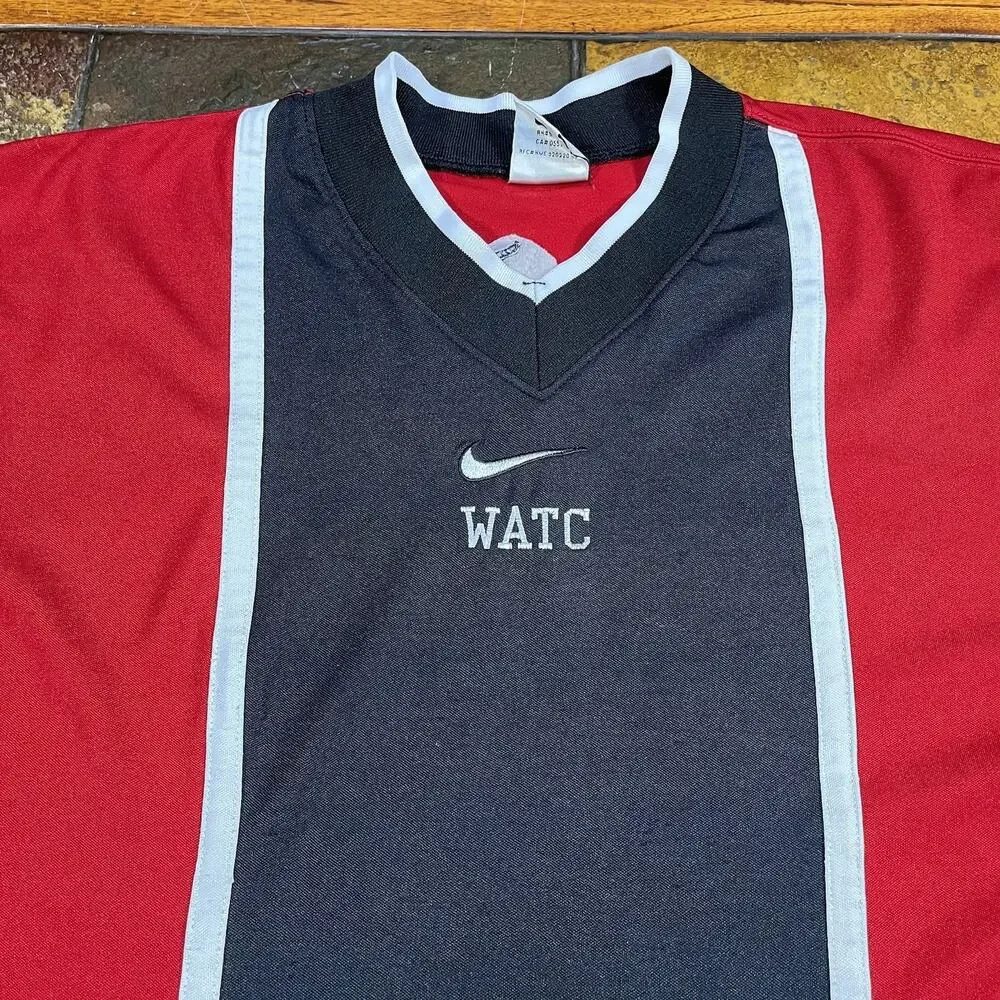 VTG 90s Nike Soccer Jersey Red Black Center Stripe Swoosh Mens L
